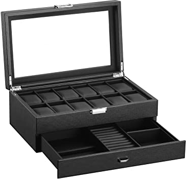 Uhrenbox aus Leder mit 12 Fächern, mit Schublade Luxus-Uhrenkasten, Präsentations-Organizer Uhrenkasten Uhrenkoffer Schmuckkasten mit Glasanzeige Oberseite für Uhren,Ringe,Armbänder (Kohlefaser-W79T)