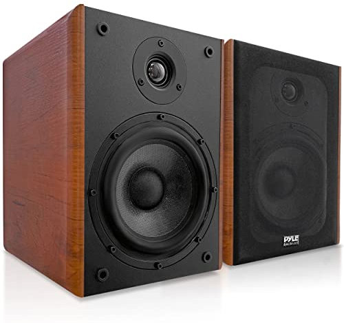 PyleUsa 5.25 Home Wooden Bookshelf Speakers, 200W Max Power, 1 Silk Dome Tweeter and Aluminum Voice Coils, Pair, Gold Plated 5 Way Binding Post,Rubber Surrounds,Beautiful Wood Grain Finish- PHQBS52