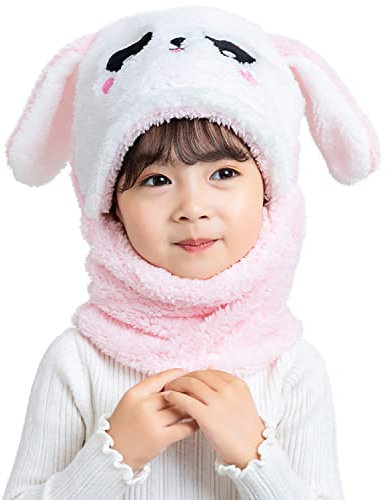 Rayson 2 in 1 Cagoule Enfant Bonnet avec Echarpe Chapeau Chaud d'hiver Joli Lapin Chapka en Cache Cou pour Fille et Garcon Activités de Plein Air（Rose）