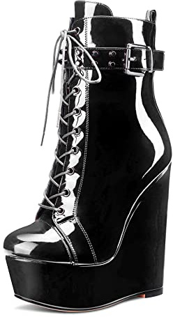 Aachcol Damen Keilabsatz Plateau Plattform Hoher High Absatz Heel Stiefeletten Runde Geschlossene Zehenkappe Schnüren Schnürung Schuhe Niete Schnalle Lackleder 15 CM
