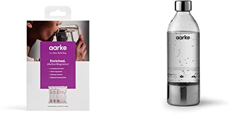 Aarke 3-Pack Enriched Filter Refill Bags – Increases The pH Value, Adds Magnesium, Reduces Unwanted Tastes and Heavy Metals & PET Bottle for Sparkling Water Maker Carbonator 3