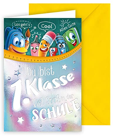 KE - Exklusive Einschulungskarte mit hochwertiger Folienprägung, B6 Format 17,0 x 11,5 cm, inklusive passendem Umschlag, Design: Farbenfrohe Stifte-Motiv