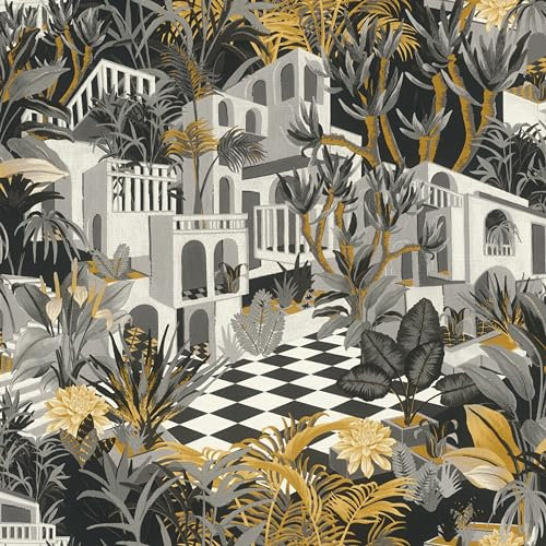 Rasch Tapete 687422 - Bunte Vliestapete mit tropischem Motiv in Braun, Grau und Schwarz - Kollektion: Tropical House - 10,05m x 0,53m (LxB)