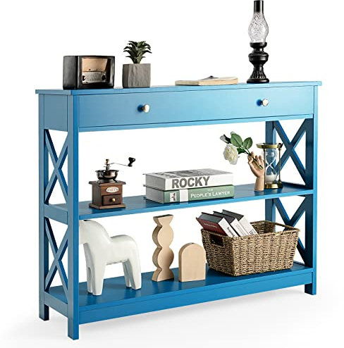 COSTWAY Table Console à 3 Niveaux, Console Entrée 1 Tiroir et 2 Étagères, Cadre en X, Console Meuble Bois pour Couloir, Salon, Entrée, 100x30x80CM (Bleu)