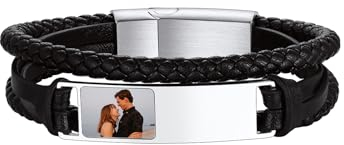 Supcare Armband Herren mit Gravur aus Leder Armreif schwarz Lederband für Männer geflochtenes Lerderarmband Punk Wickelarmband mit Magnetverschluss aus Edelstahl Personalisiert Modeschmuck für Vater