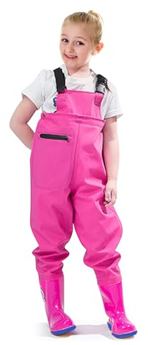VicBre Kinder-Wathose für Jungen und Mädchen, Reißverschlusstasche,Verstellbare Träger,Rückenschnalle Design,Wasserdichte Regenhose mit Stiefeln, Wathose für Jugendliche,Rosa,27