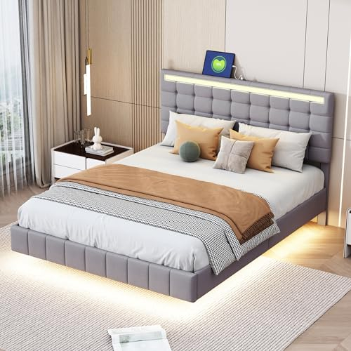 Merax Bett 140x200cm mit LED Beleuchtung, Polsterbett mit Verstellbares Kopfteil, Bettrahmen Lattenrosten für Erwachsene & Jugend, Leinenstoff, Grau (Ohne Matratze)