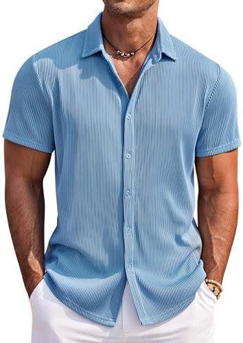 COOFANDY Camisa de hombre de manga corta, corte regular, camisa de verano, sin planchado, con botones, informal, para la playa, azul, M