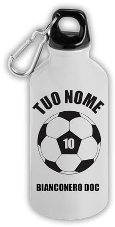 MOCHEIA SHOP Borraccia Termica Tifoso Bianco Nero Calcio personalizzabile con nome e numero in alluminio termico capacità 500 ml idea regalo Tifoso Bianco Nero