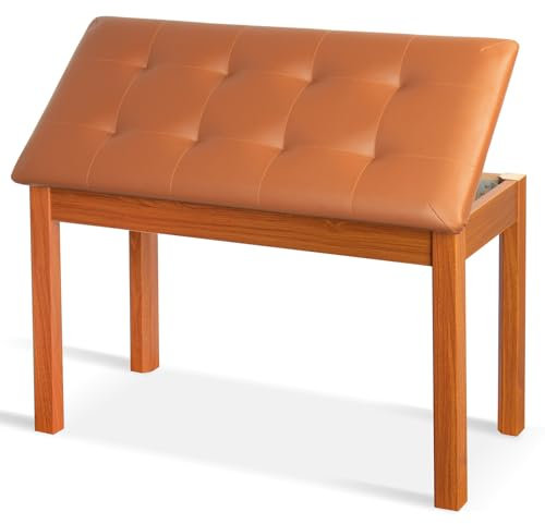 UISCOM Duett Klavierbank mit gepolstertem Kissen und Stauraum – Massivholz-Tastaturbank, Bücherregal, Hocker, Stuhl, Sitz, Schminkhocker, getufteter Holz-Klaviersitz, bequeme Schwämme, Braun
