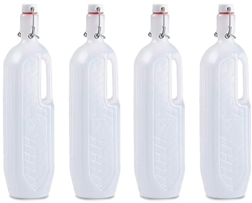 Acan Tradineur - Confezione da 4 bottiglie di plastica con manico, disponibile tappo a pressione e manico, realizzato in plastica (PP) - 30 x 6,5 x 7,5 cm - 1 litro