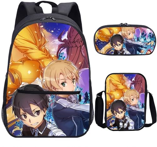 HONEGNE SAO Sword Art Online 3pcs Rucksack Schulbuch Taschen Fans Reisetaschen Laptop Kette Kopfhörer-color2