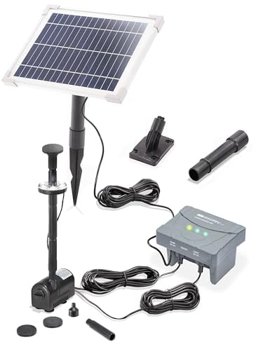 esotec Solar Teichpumpenset 6/220 LED außen, Teichpumpe mit Filter, Sprinklerpumpe 220l/h, LiFePo4 Akku, Solarmodul 6W, Solarbrunnen, Gartenteich Wasserspiel, Springbrunnenpumpe, 101023