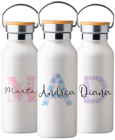 Botella Térmica Personalizada con Nombre, Cantimplora Térmica Acero Inoxidable 500ml de Tapón con Asa, Botella Agua de Pared Doble Aislamiento, Regalos Personalizados (Modelo 1)