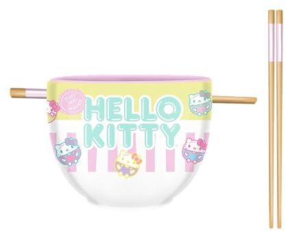 Silver Buffalo Sanrio Hello Kitty Pastel Colored Ceramic Ramen Noodle Rice Bowl with Chopsticks, Microwave Safe, 20 Ounces