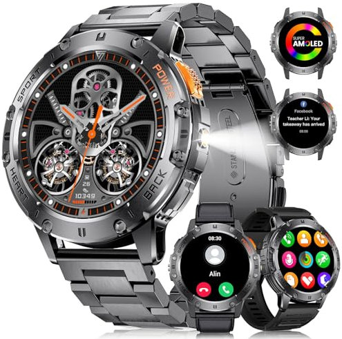 LIGE Montre Connectée Homme(3 Bracelets),530mAh,5ATM Étanche,1.43 Montre Tactile Connecté Militaire avec Torche LED Moniteur Fréquence Cardiaque Podomètre Fitness Tracker Smartwatch iOS Android