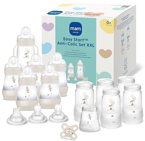 MAM Easy Start Anti-Colic Babyflaschen Set XXL, mitwachsende Baby Erstausstattung mit Schnuller, Flaschen, Sauger und mehr, Baby Geschenk Set, ab Geburt, beige