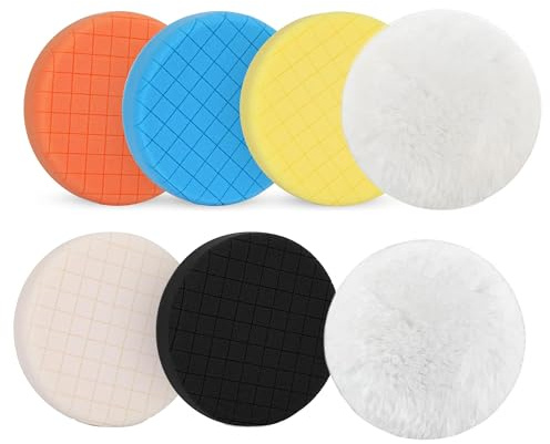 7Pcs 5 Inch (125mm) Waffle Foam & Wool Buffing Polishing Pads Kit, Compatible with 5Inch Backing Plate, RO DA GA Car Buffer Polisher for Auto Boat Compounding, Polishing & Waxing