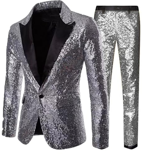 Karneval Anzug Herren 2-teilige Disco-Sets Pailletten Sakko Glitzer Jacke und Hose Anzugjacken Fasching Metallic-Paillettenanzüge Glitzerjacke Glitzeranzug Disco Performance-Kostüm Party Outfit
