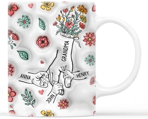 Personal Chic Personalised Mummy and Kids Holding Hands Flowers Mug - Personalised Mother Gift, Mum Gifts, Grandma Gift, Mummy Tea Cup, Grandma Cup, Mum Mug (Model #3)