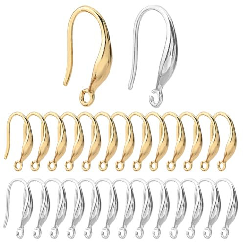 SUNNYCLUE 1 Box 40 Sets Real 18K Gold Plated Gold Earring Hooks Silver Earwires Teardrop Ear Wire Fish Hooks Ear Wires for Jewellery Making Accessories DIY Dangle Earrings Women Adults Supplies