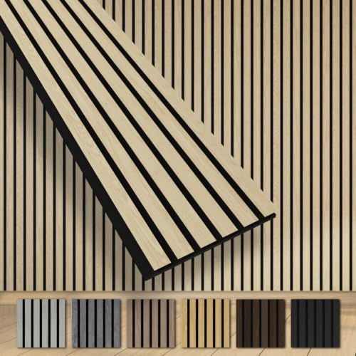 HEXIM Akustikpaneele 10 Stück 280x30cm Holz Grande - XXL Wandpaneele Platten Lamellen Holzpaneele Echtholzfurnier 21mm Filz Schalldämmung MDF Hellbraun (8,41m² Light Oak)