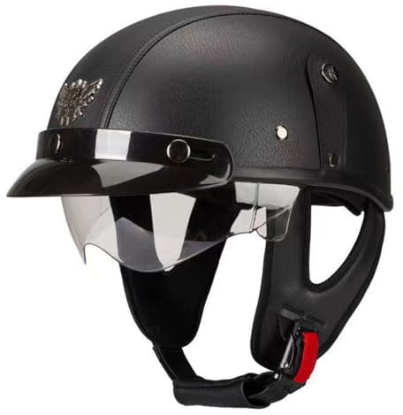 Caschi Jet Moto Vintage Omologato ECEDOT Mezzo Pelle Casco Da Motociclista Caschi Cromwell Con Visiera Portatile Casco A Scodella Per Uomo Donna Scooter Street Cruiser 1,M:57-58CM