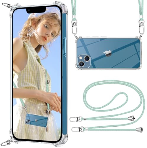 ISOI Coque Transparente avec Cordon Compatible avec iPhone 13, Collier Réglable et Amovible Téléphone Portable Lanyard Case, Housse en Silicone TPU Souple Antichoc - Vert