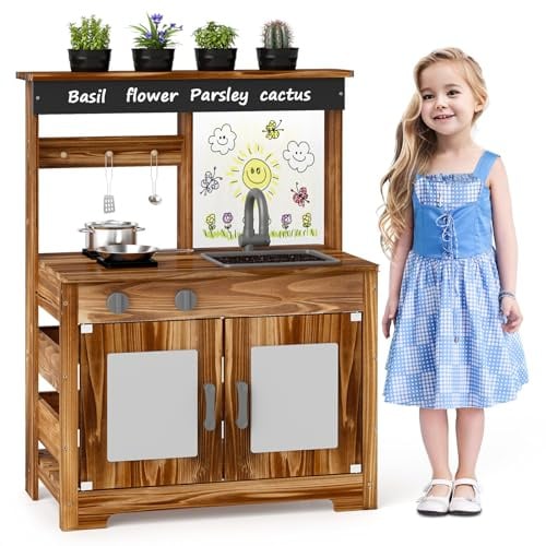 DREAMADE Matschküche Kinder Outdoor, Spielküche aus Tannenholz mit Waschbecken, Wasserhahn, 2 Herden, 2 Kochtöpfen, 4 Pflanztöpfen & Acryltafel, Outdoor-Holzküche für Kinder ab 3 Jahren