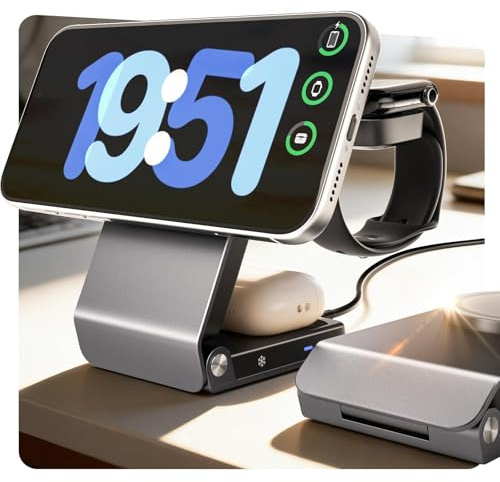 CloudValley Qi2.2 25W 3-in-1 drahtlose Ladestation für Apple-Geräte | Klappbares magnetisches Reiseladegerät mit TEC Active Cooling, für iPhone 17/16, Apple Watch & AirPods, 45W Adapter enthalten
