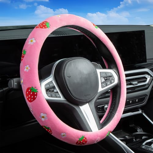 Rosa Plüsch Lenkradbezug mit gestickten Erdbeeren & Blumen, Anti-Rutsch, Schweißabsorbierend, Universal 37-38cm, Süßes Design für Auto (Strawberry)