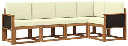 vidaXL Outdoor-Sofagarnitur mit Kissen 5 pcs Natur und Creme Polyester, Garten, modernes Outdoor-Sofa, wetterfestes Lounge-Möbel, perfekte Terrasse für gemütliches Sitzen