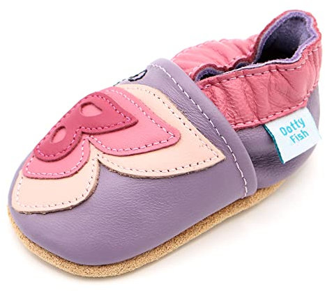 Dotty Fish Krabbelschuhe aus Leder – rutschfeste, weiche Sohle, Barfußgefühl, Lauflernschuhe & Babyschuhe für Mädchen. Lila Schmetterling. 3-4 Jahre (27 EU)