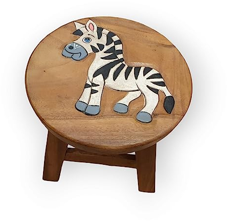 Handgefertigter Kinder Hocker mit bunten Motiven - Massivholz Stuhl doppelt verstrebt (Zebra)