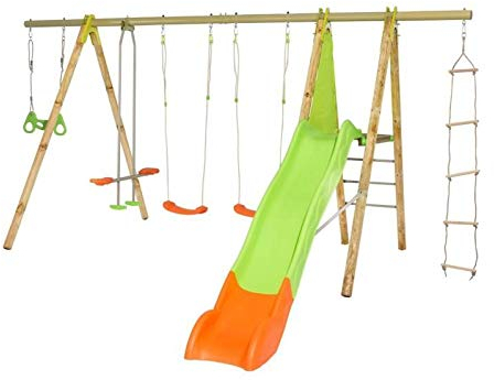 Portique bois et m�tal 2,30m 2 balan�oires, 1 �chelle de corde, 1 face a face, 1 trapeze anneaux et 1 toboggan 2,63m MAKUTA TRIGANO