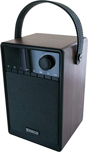 SCHWAIGER 715736 Tragbarer analoger Radiowecker UKW FM Bluetooth Lautsprecher Musikbox Radio AUX Micro-SD Holzoptik LED Display akkubetrieben