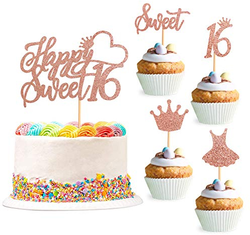 Unimall Roségold Glitter Sweet 16 Cake Topper Set Schöne Geburtstagsfeier Dekorationen Cupcake Topper Kit Mit 16 Crown Sweet Dress Cupcake Topper für Sweet 16 Geburtstagsfeier Dekorationen 25St