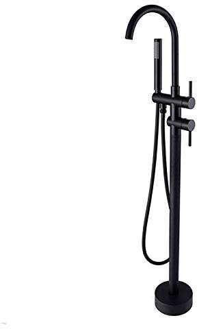 SHUGUANG Noir Robinet de Baignoire Ilot Autoportante Laiton Mitigeur de Baignoire Îlot sur Pied avec Douchette à Main, Double Poignée Mitigeur de Douche Au Sol Robinet de Douche