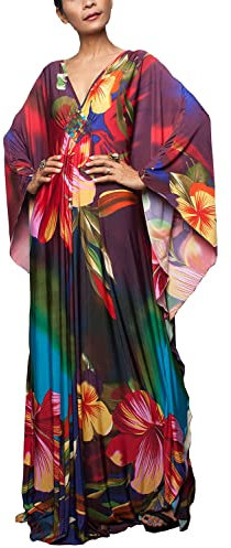 YouKD Abito estivo da donna con motivo floreale, ampio, stile bohémien, copricostume da spiaggia, taglie forti, A Rosso Blu Viola, Taglia unica