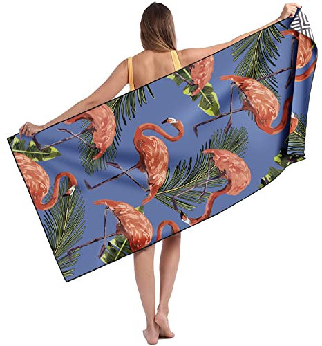 Runmeihe Strandtuch, 80 x 180cm Extra großes Mikrofaser Strandtuch für Erwachsene, Doppelseitiges Sandfreies Schnelltrocknend Leichtes Handtuch für Strand Schwimmen Flamingo - Blau
