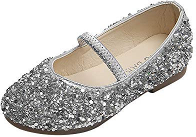 JLGY Mädchen Prinzessin Schuhe Glitzer Sandalen Party Kristall Bowknot Hochzeitsschuhe Festschuhe Karneval Cosplay Klett Kostüm Zubehör Schuhe, Z02 Silber, 25 EU