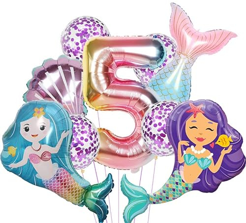 Aapxi Meerjungfrau Luftballons set 5 Jahr - Meerjungfrau Kindergeburtstag deko 9 Stücke xxl Folienballon,Geruchloser Heliumballon der Lange Zeit Schwimmt