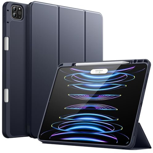 JETech Funda para iPad Pro 12,9 Pulgadas (6.ª/5.ª generación, Modelo 2022/2021) con Portalápiz, Apoyar 2.ª Gen Pencil Carga, Slim Tableta Cover con Suave TPU Trasera (Marino)