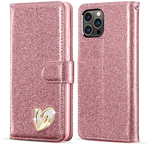 KP TECHNOLOGY Case for iPhone 14 Pro, Premium Shiny Bling Glitter Loving Heart Book Flip Stand Wallet Card Phone Case for iPhone 14 Pro (ROSE GOLD)