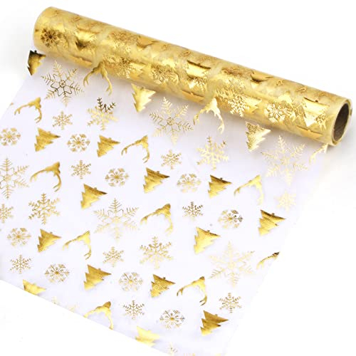 Tischläufer Weihnachten Elch, Tischband Transparentes Gold, 28 cm x 5 m Tischband Organza für Weihnachten Geburtstage Adventszeit Geschenk DIY