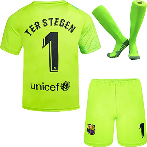 NIHMEX Barcelona TER Stegen Kinder Torwart Trikot Fußball #1, Neu Saison, Shorts Socken Torwarttrikot (Grün,30)