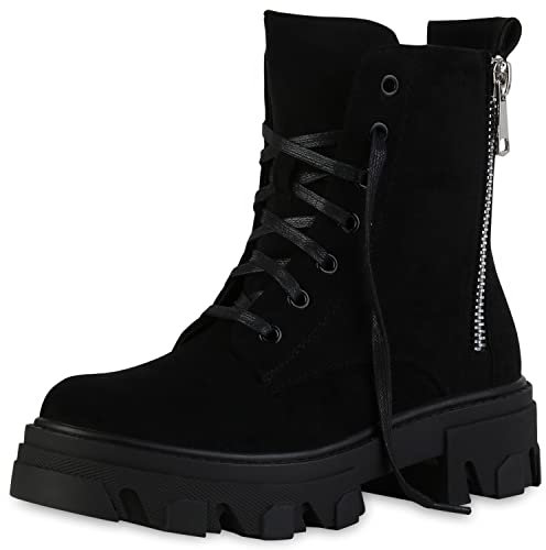 VAN HILL Damen Stiefeletten Plateau Boots Kroko Zipper Schuhe Blockabsatz Schnürer Lederoptik Plateauschuhe Freizeit Schnürboots 210056 Schwarz Robust 40