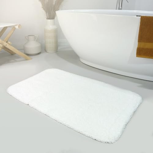 Moderner Flauschiger und waschbarer Badezimmerteppich aus Baumwolle - Ole (70 x 120 cm, weiß)