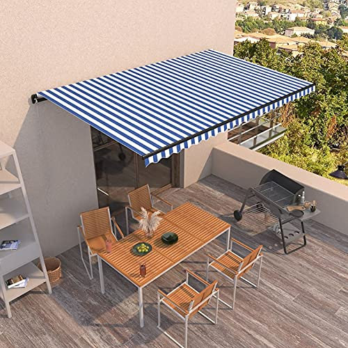 Yolola Gelenkarmmarkise Einziehbar Ersenkbaren Markise Handbetrieben Balkonmarkise Sonnenschutz Sonnenmarkise Einstellbarer Winkel und Höhe Terrassenmarkise 500 x 350 cm Blau und weiß
