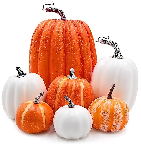 ADQUATOR 7pcs Orange and White Artificial Pumpkins,Autumn Decoration Fake Pumpkins for Thanksgiving Halloween Christmas Festival Decorations